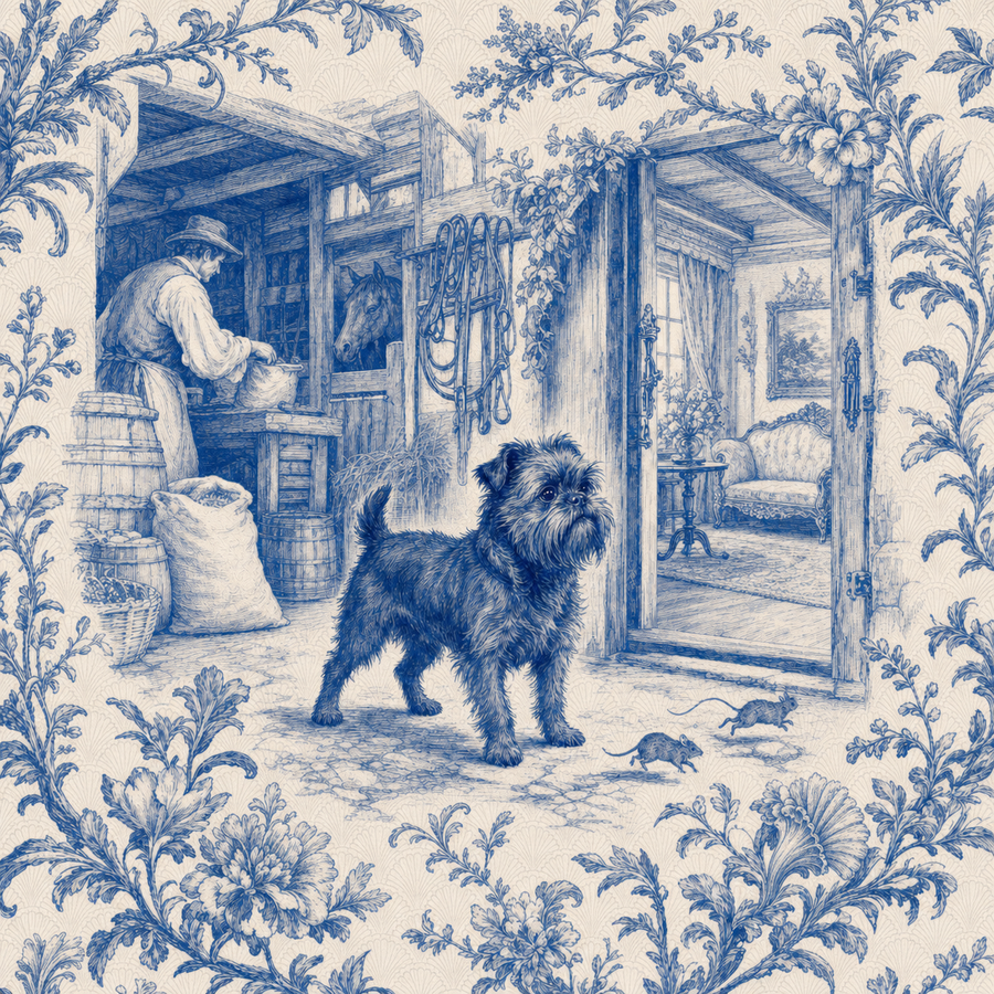Affenpinscher, blue and white toile illustration
