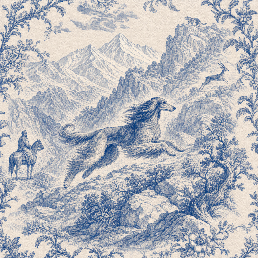 Afghan Hound, blue and white toile illustration