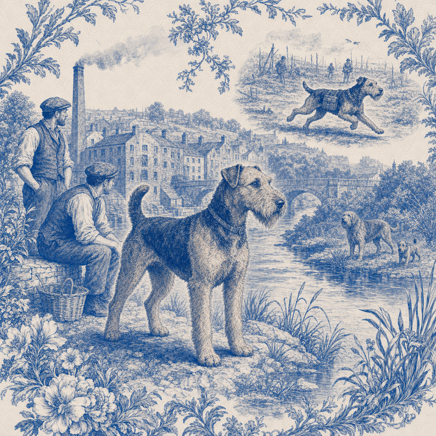 Airedale Terrier, blue and white toile illustration