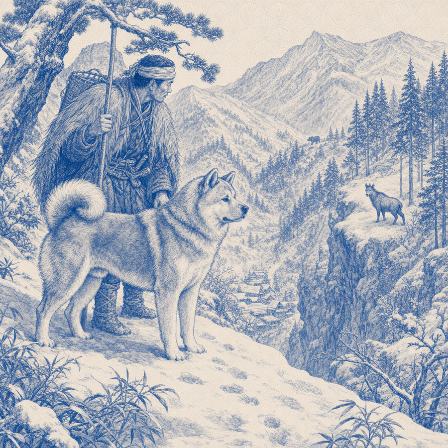 Akita, blue and white toile illustration
