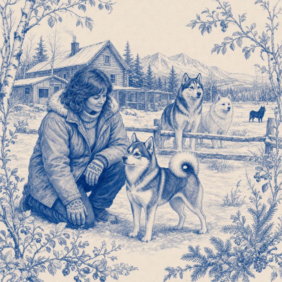 Alaskan Klee Kai, blue and white toile illustration
