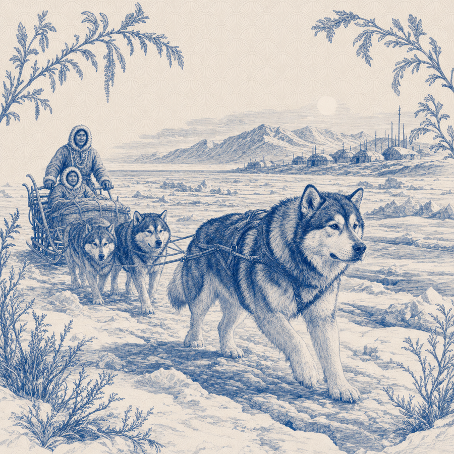 Alaskan Malamute, blue and white toile illustration