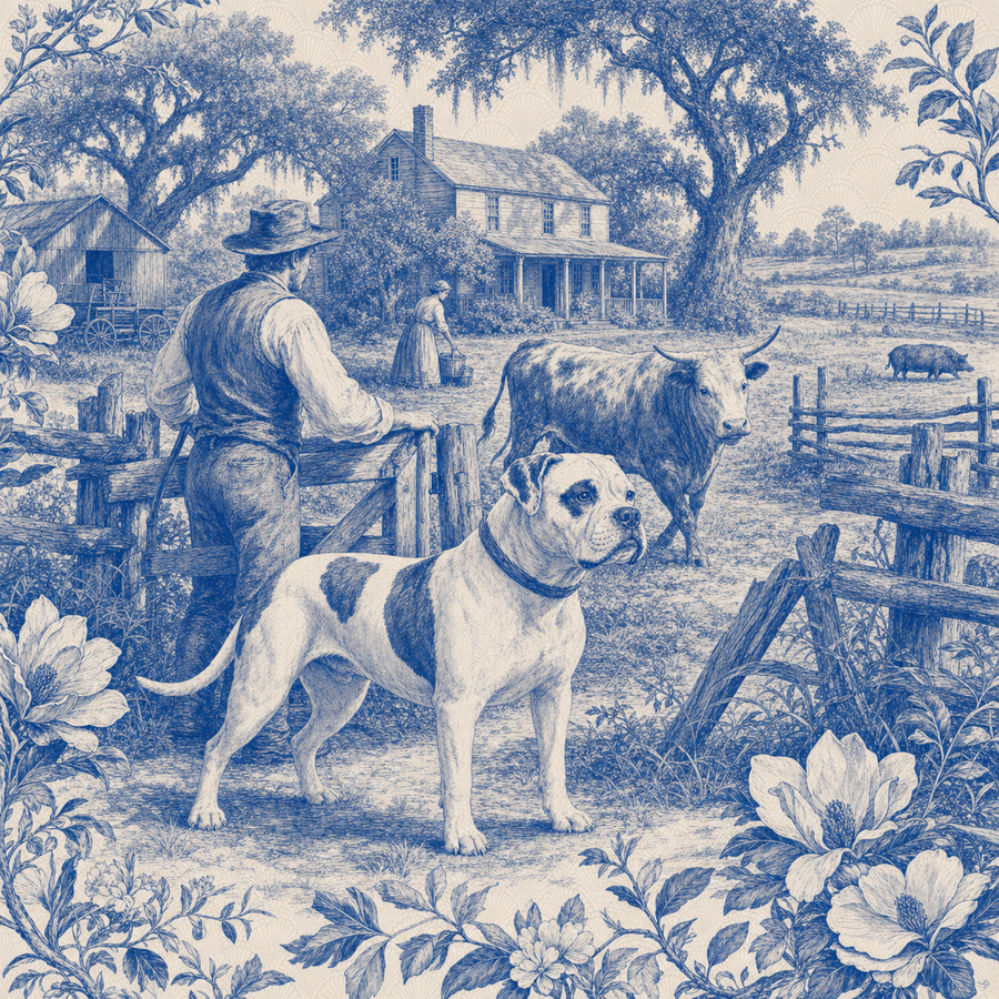 American Bulldog, blue and white toile illustration