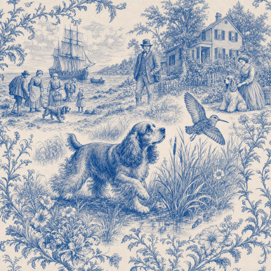 American Cocker Spaniel, blue and white toile illustration