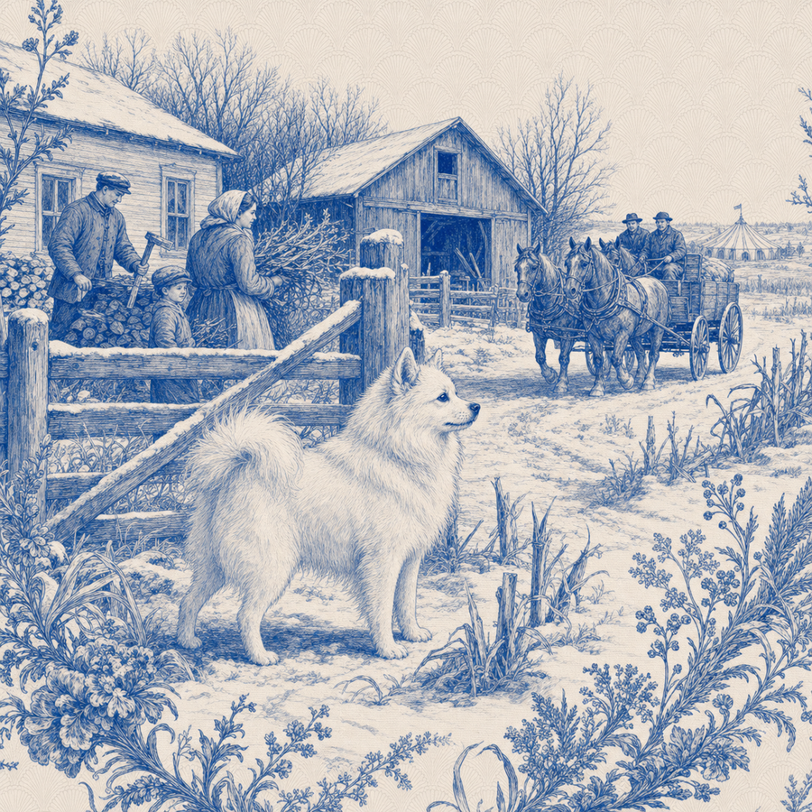 American Eskimo Dog, blue and white toile illustration
