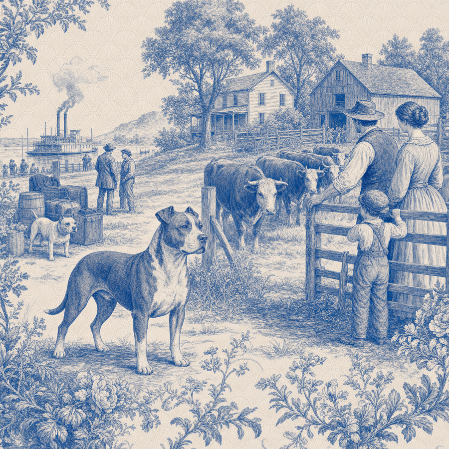 American Staffordshire Terrier, blue and white toile illustration