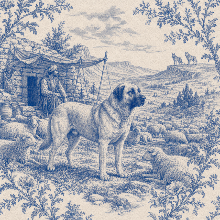 Anatolian Shepherd Dog, blue and white toile illustration