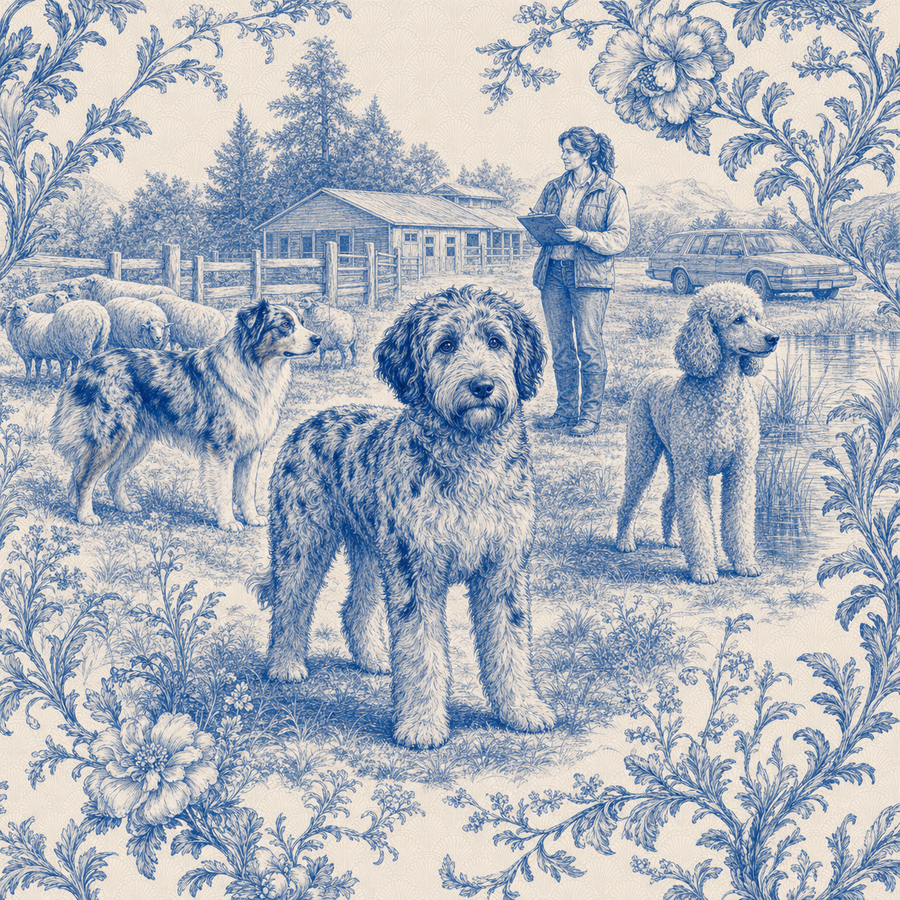 Aussiedoodle, blue and white toile illustration