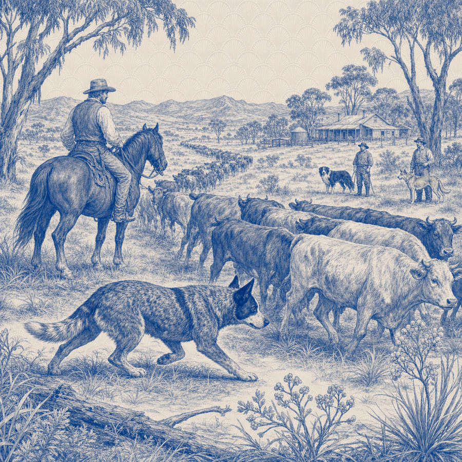 Australian Cattle Dog, blue and white toile illustration