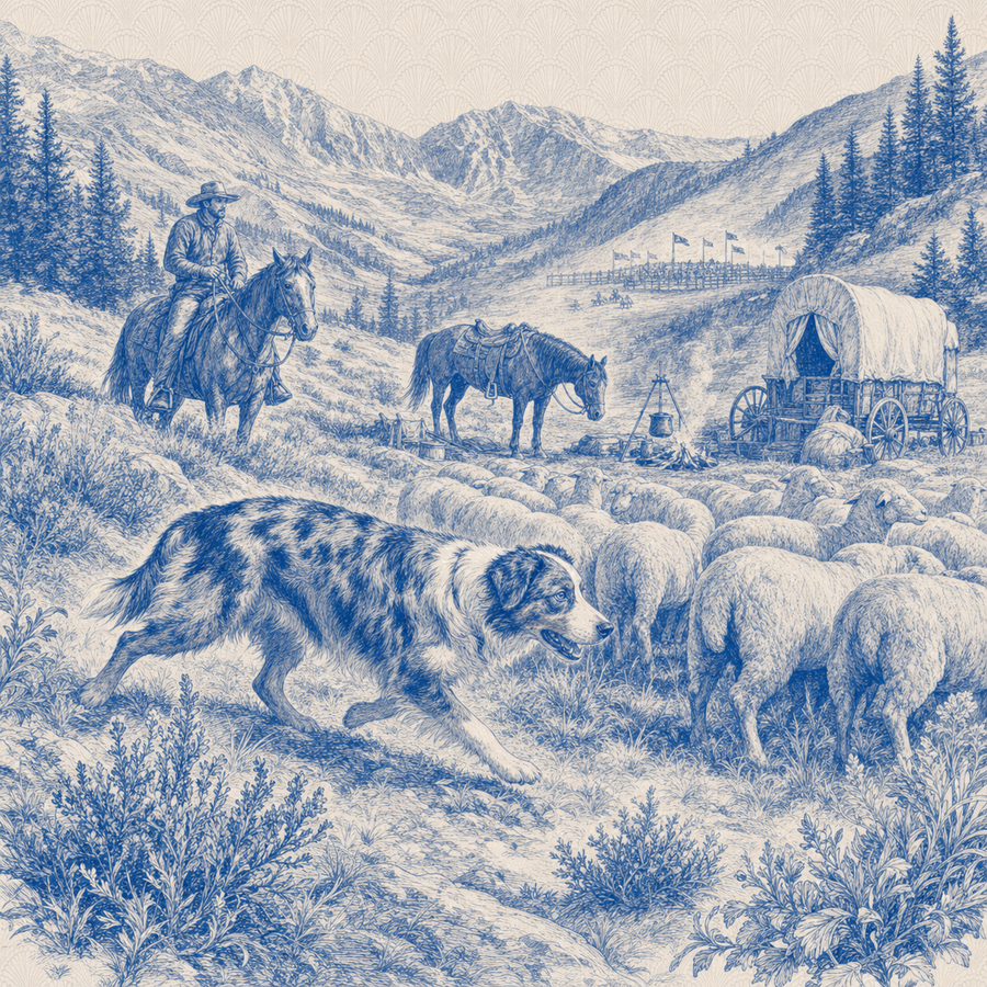 Australian Shepherd, blue and white toile illustration