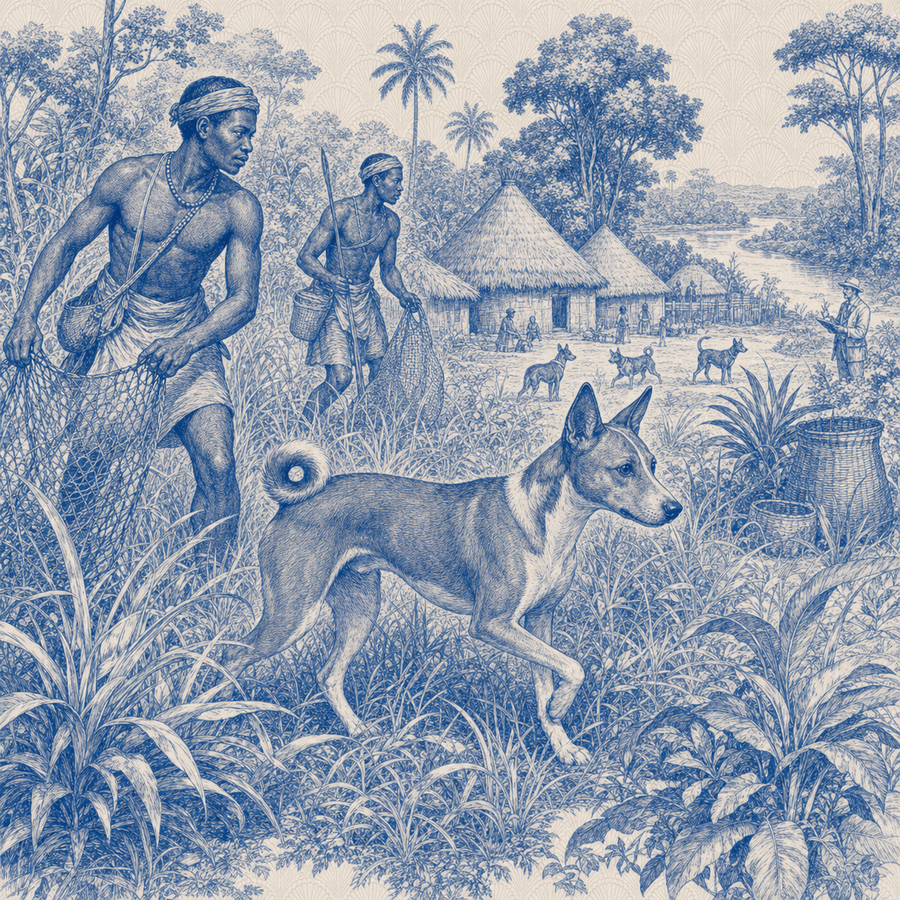 Basenji, blue and white toile illustration