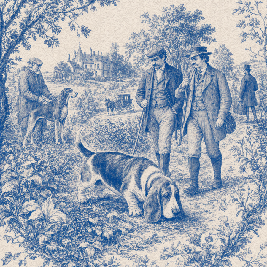 Basset Hound, blue and white toile illustration