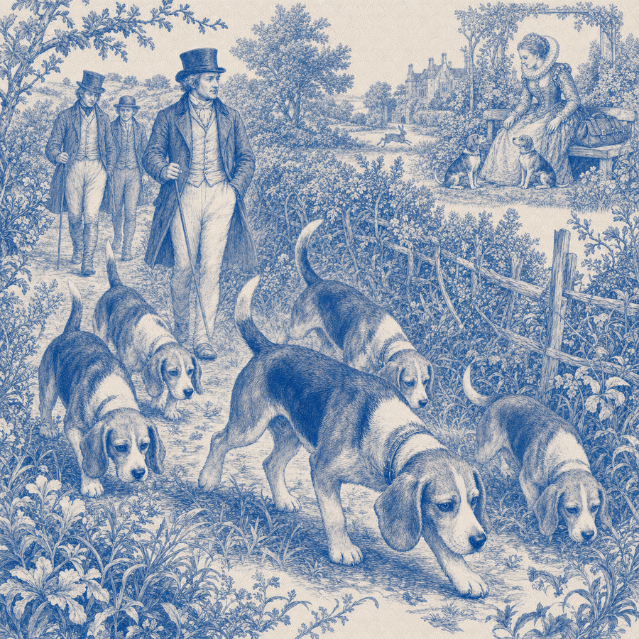 Beagle, blue and white toile illustration