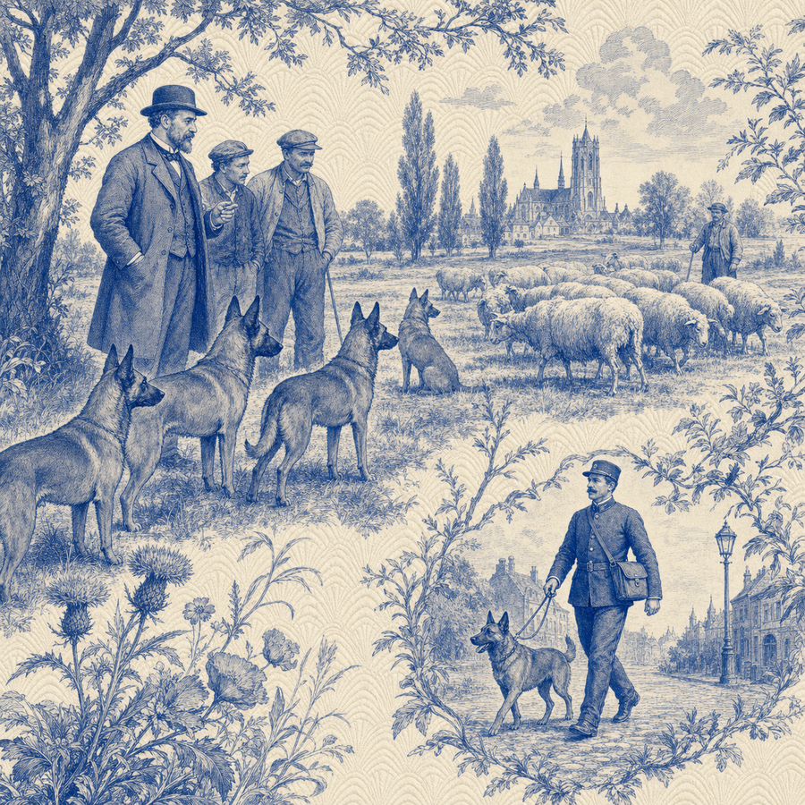 Belgian Malinois, blue and white toile illustration