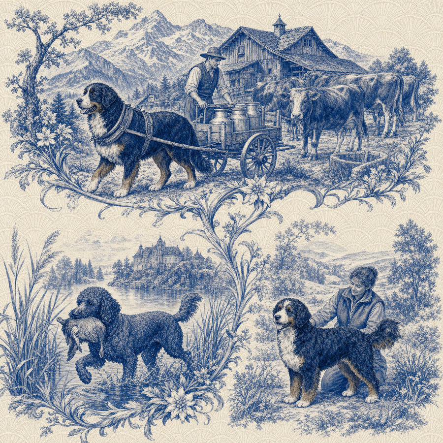 Bernedoodle, blue and white toile illustration