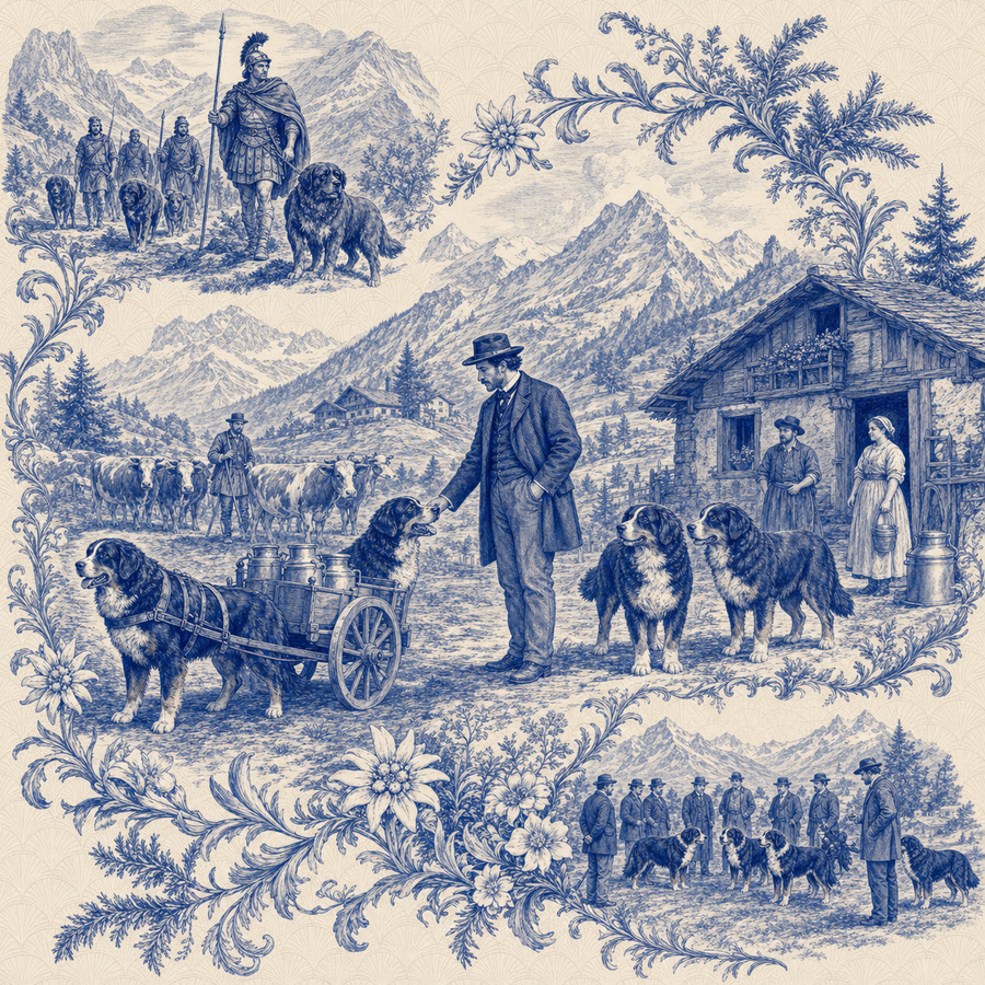 Bernese Mountain Dog, blue and white toile illustration