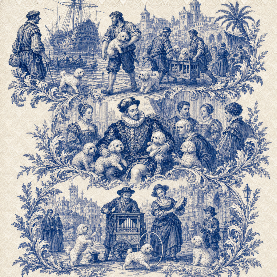 Bichon Frise, blue and white toile illustration