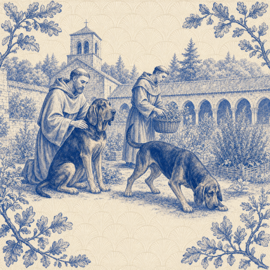 Bloodhound, blue and white toile illustration