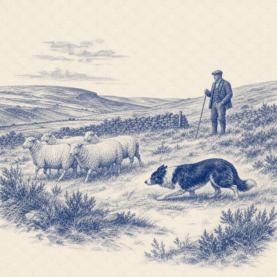 Border Collie, blue and white toile illustration