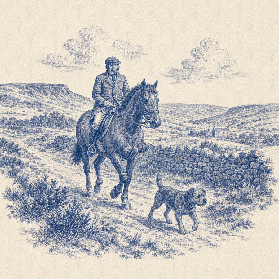 Border Terrier, blue and white toile illustration