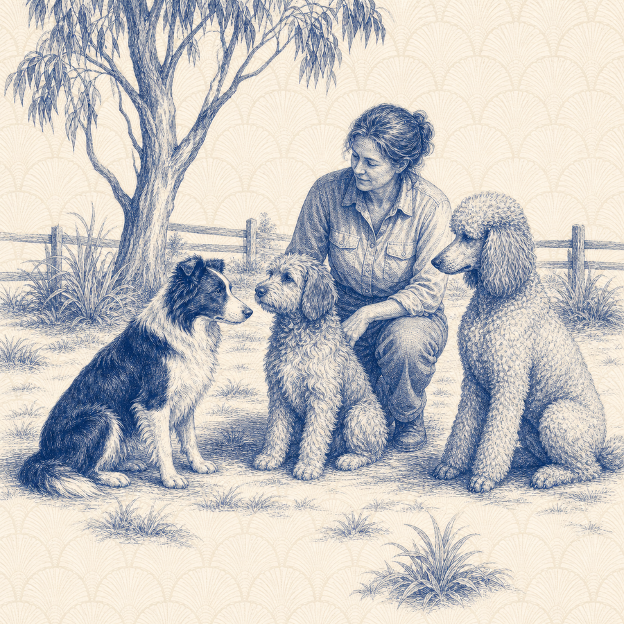 Bordoodle, blue and white toile illustration