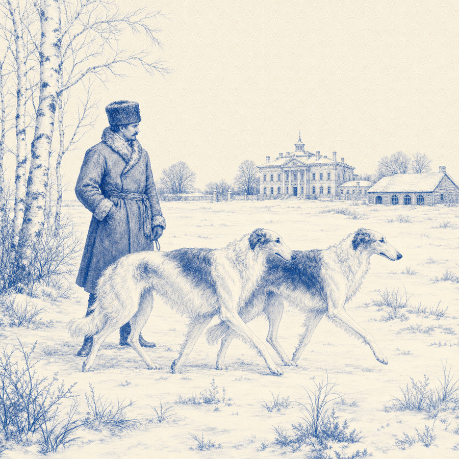 Borzoi, blue and white toile illustration