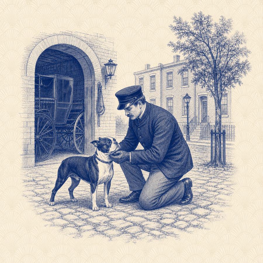 Boston Terrier, blue and white toile illustration