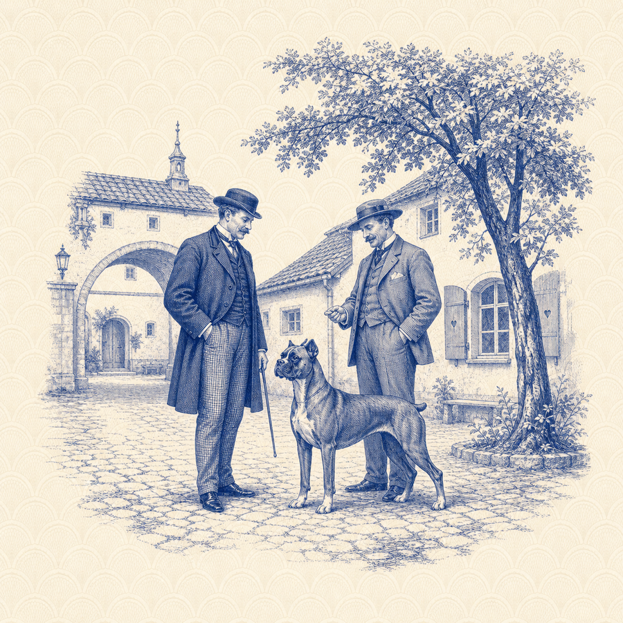Boxer, blue and white toile illustration