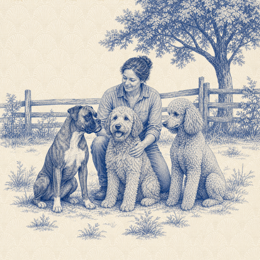 Boxerdoodle, blue and white toile illustration