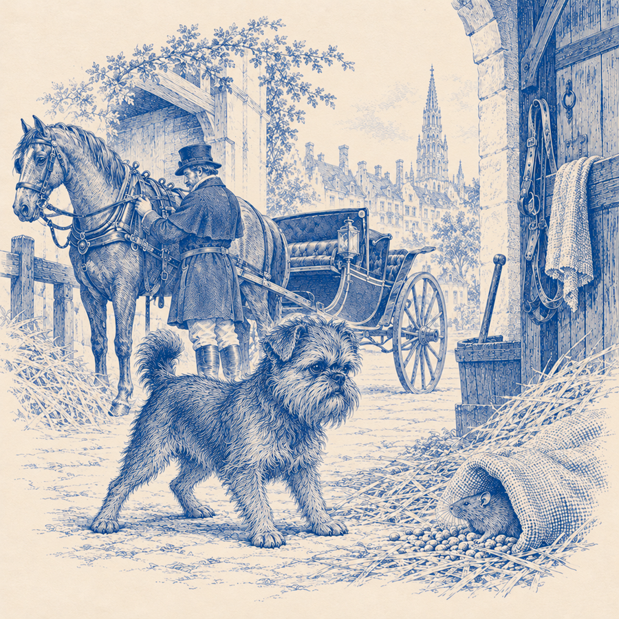 Brussels Griffon in a 19th-century Brussels stable yard, blue and white toile illustration