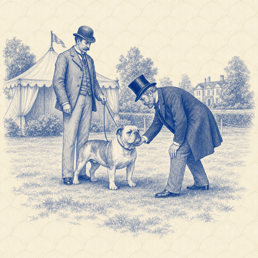 Bulldog, blue and white toile illustration