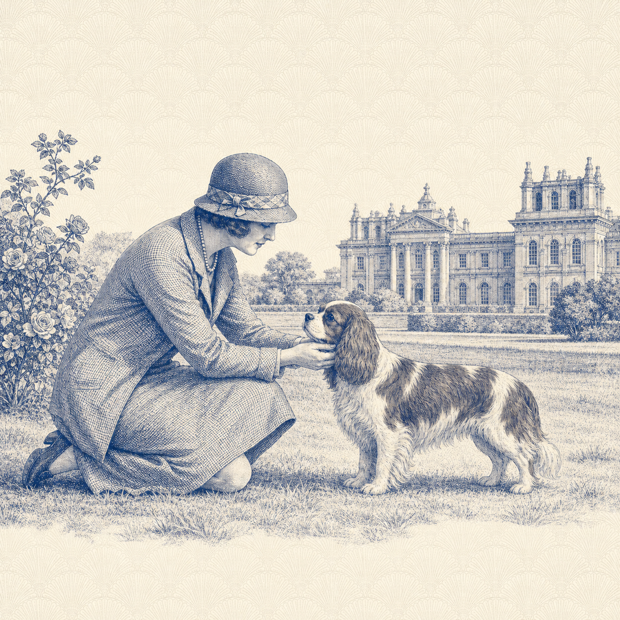 Cavalier King Charles Spaniel, blue and white toile illustration