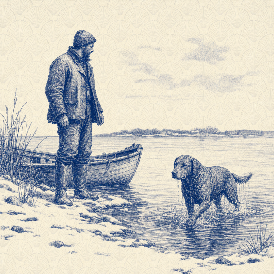 Chesapeake Bay Retriever, blue and white toile illustration