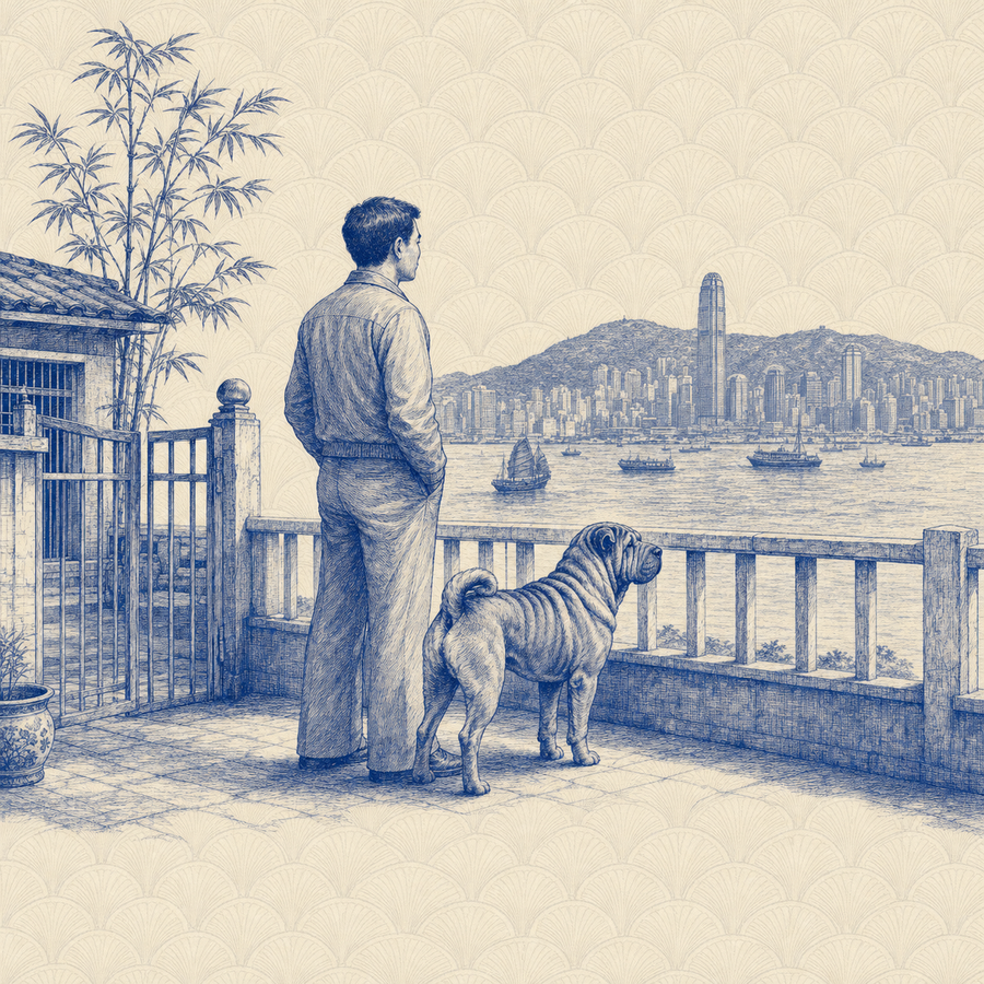 Chinese Shar-Pei, blue and white toile illustration