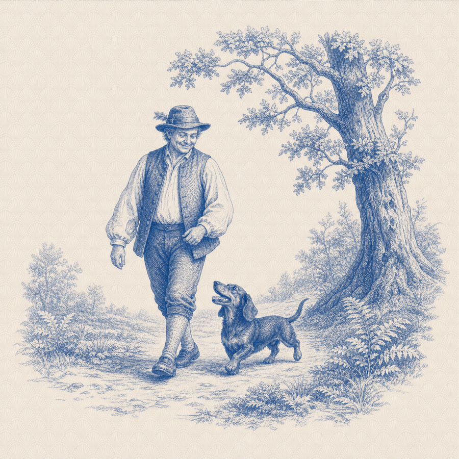 Dachshund, blue and white toile illustration
