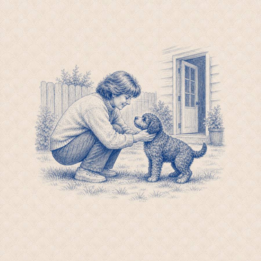 Doodle, blue and white toile illustration