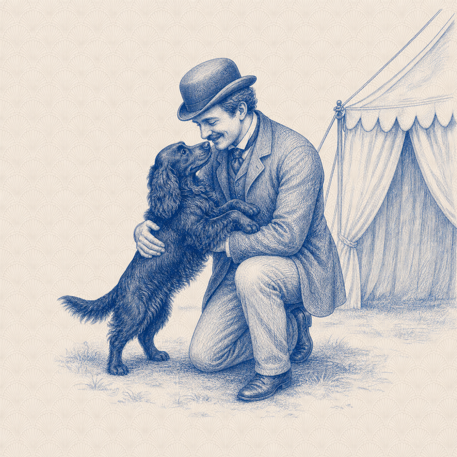 English Cocker Spaniel, blue and white toile illustration