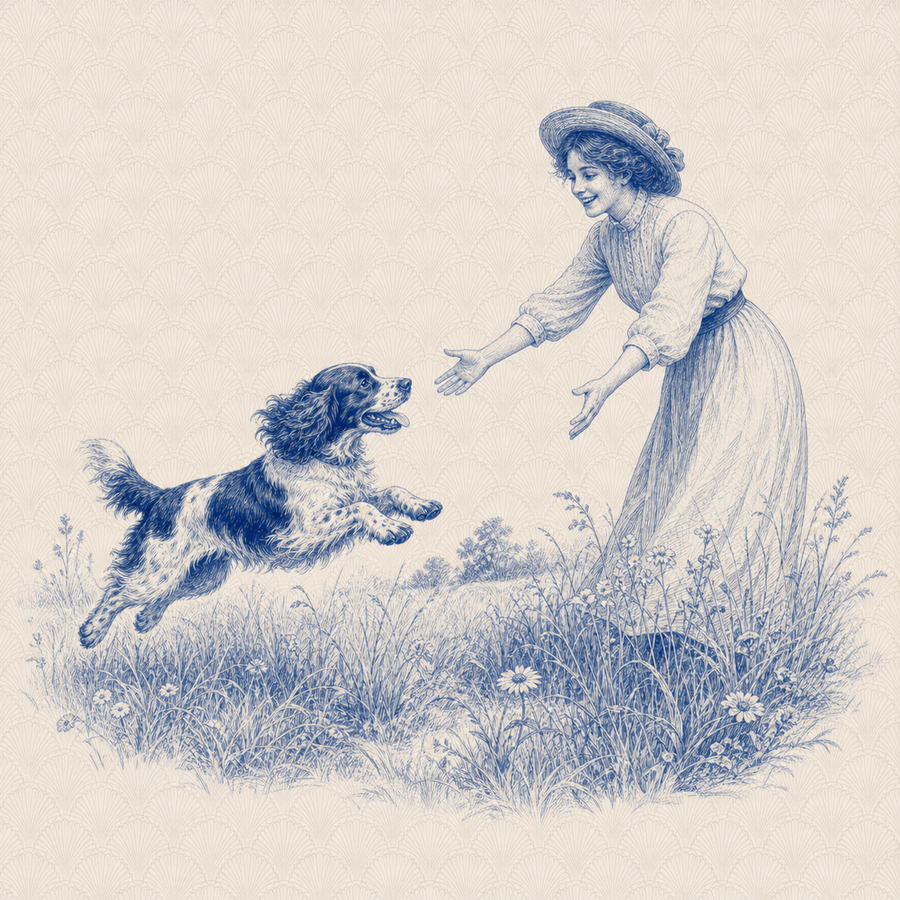 English Springer Spaniel, blue and white toile illustration