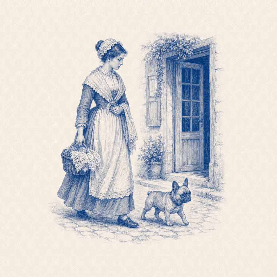 French Bulldog, blue and white toile illustration