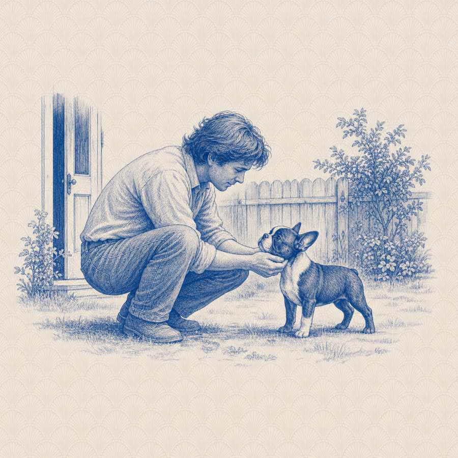 Frenchton, blue and white toile illustration