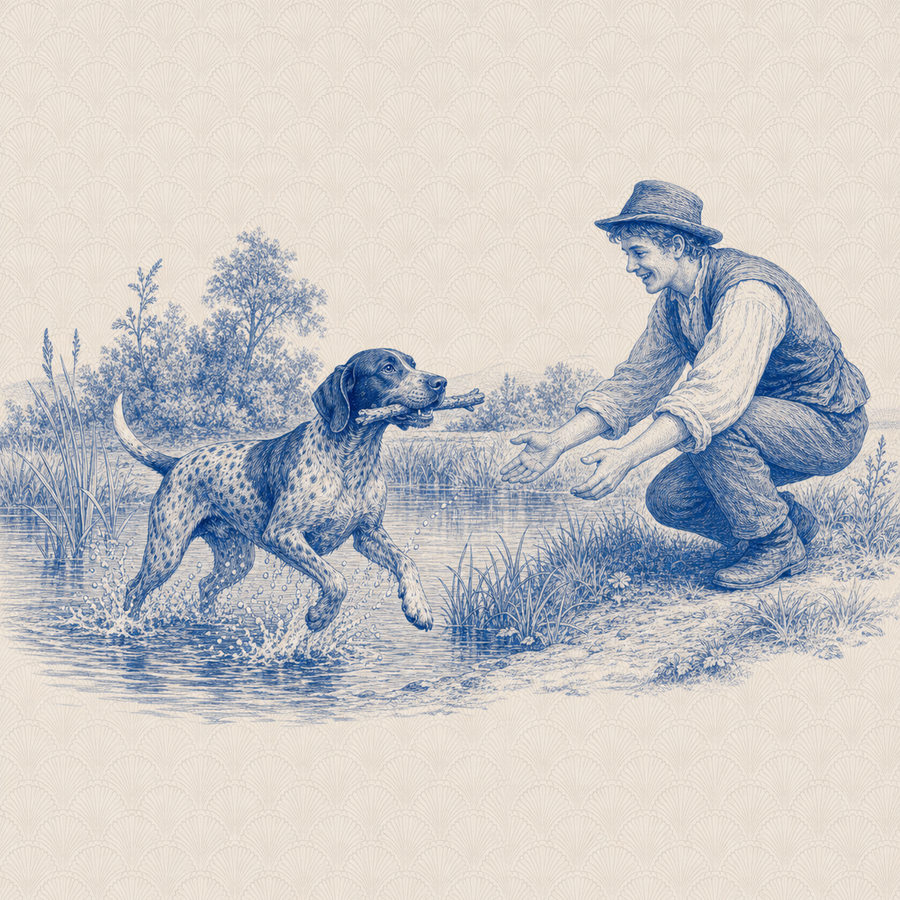German Shorthaired Pointer, blue and white toile illustration