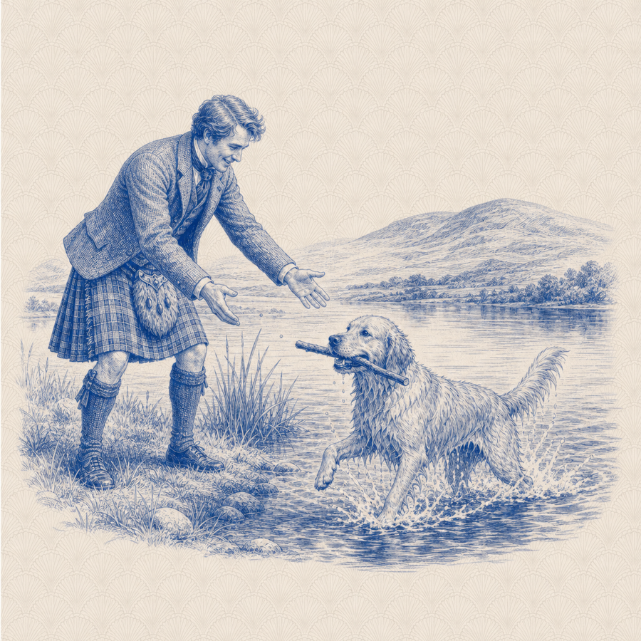 Golden Retriever, blue and white toile illustration