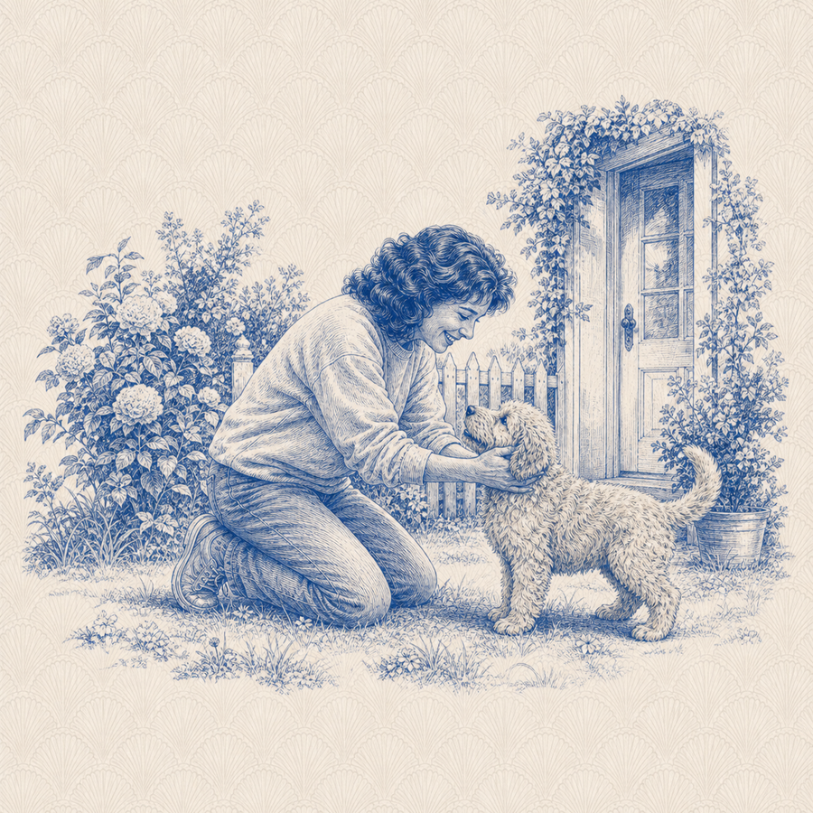 Goldendoodle, blue and white toile illustration