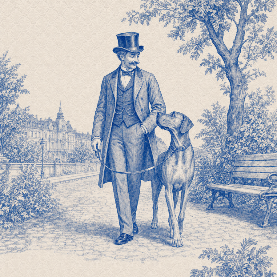 Great Dane, blue and white toile illustration