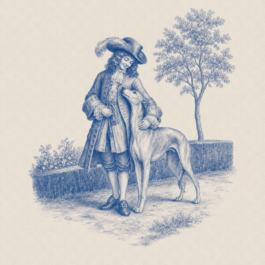 Greyhound, blue and white toile illustration