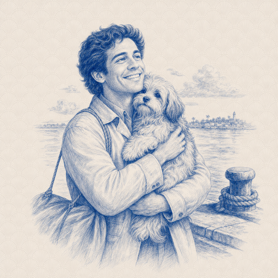 Havanese, blue and white toile illustration