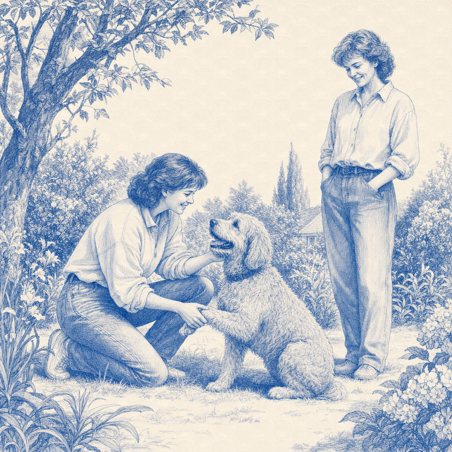 Labradoodle, blue and white toile illustration
