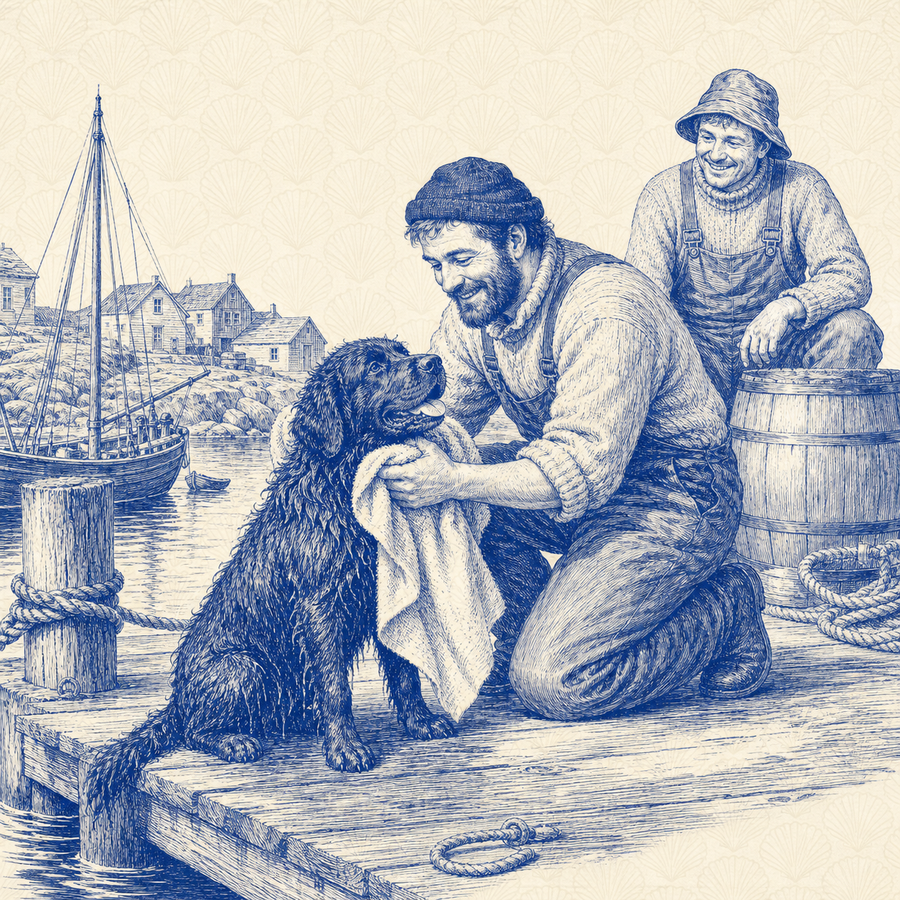 Labrador Retriever, blue and white toile illustration