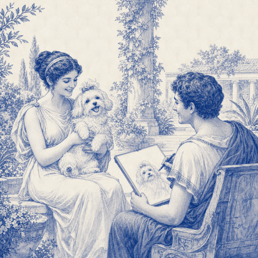 Maltese, blue and white toile illustration