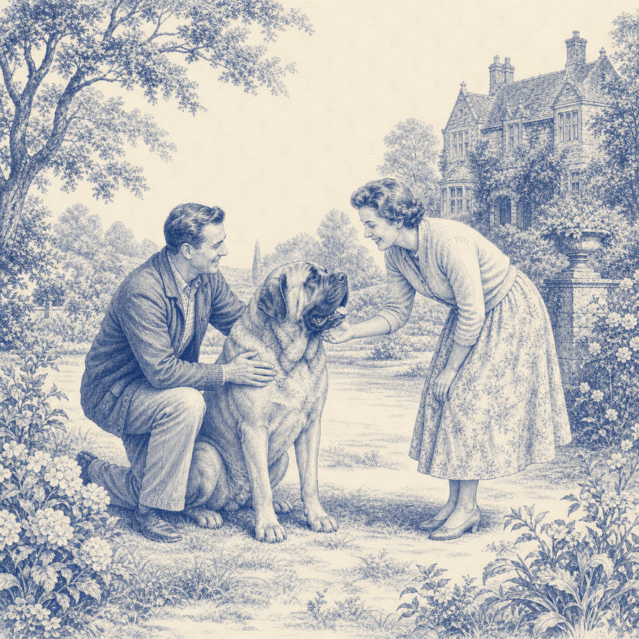 Mastiff, blue and white toile illustration
